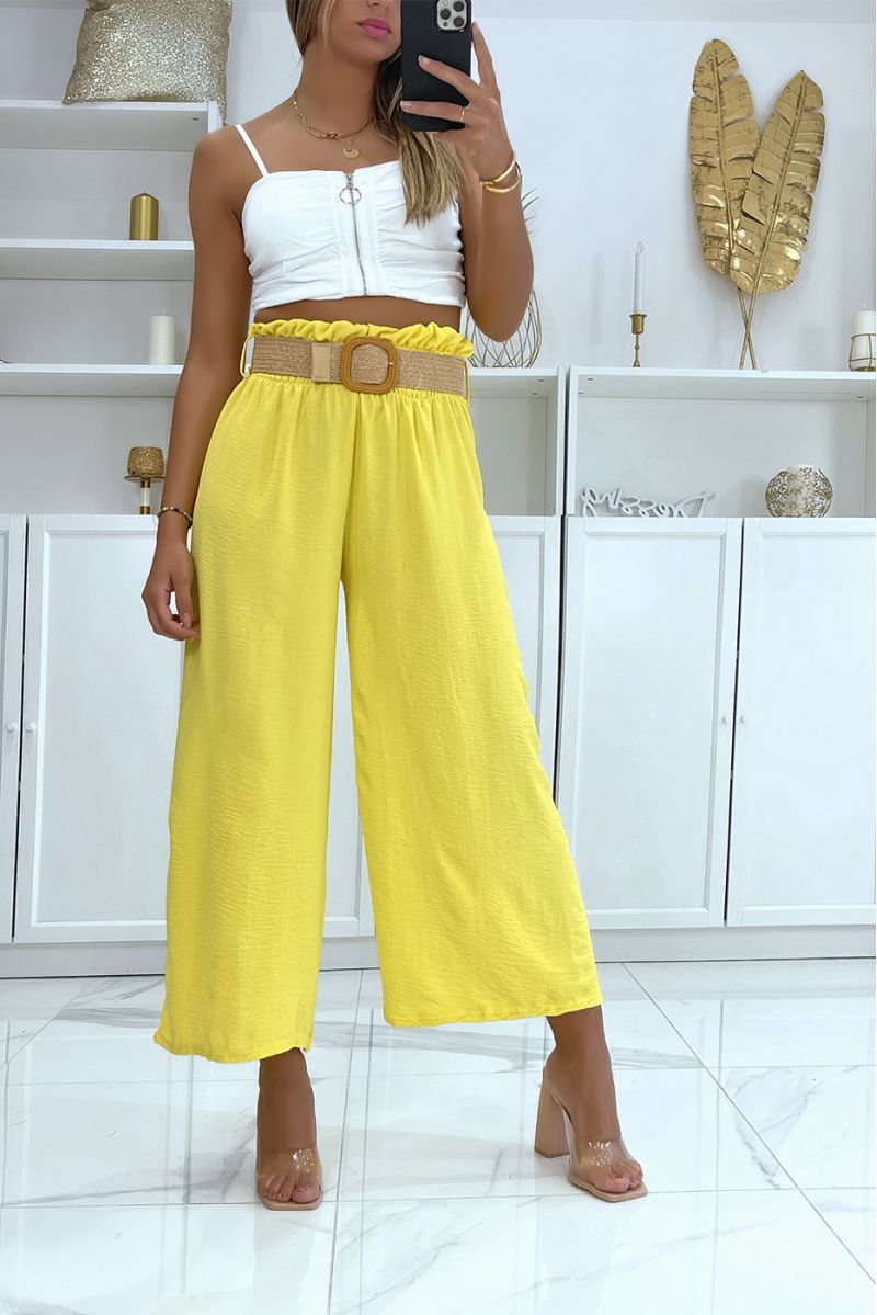 Yellow bell bottom pants elastic at the waist with pretty bohemian-style straw-effect belt - 1