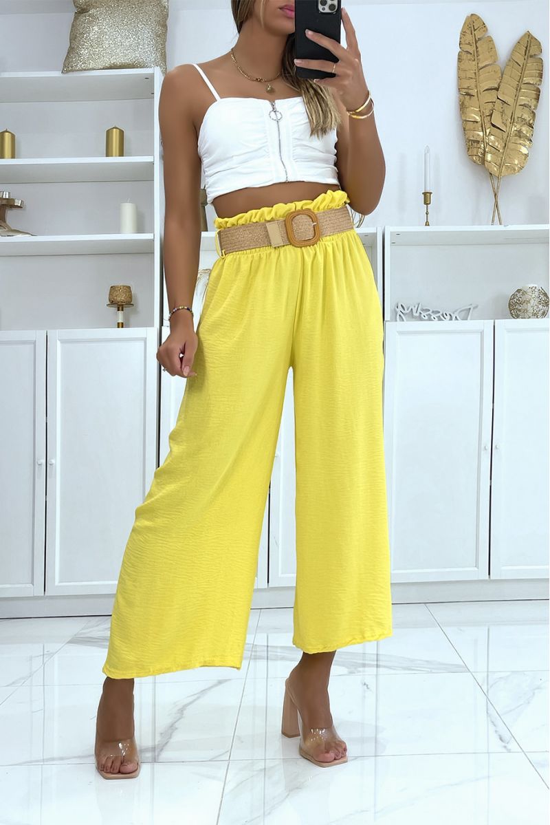 Yellow bell bottom pants elastic at the waist with pretty bohemian-style straw-effect belt - 2