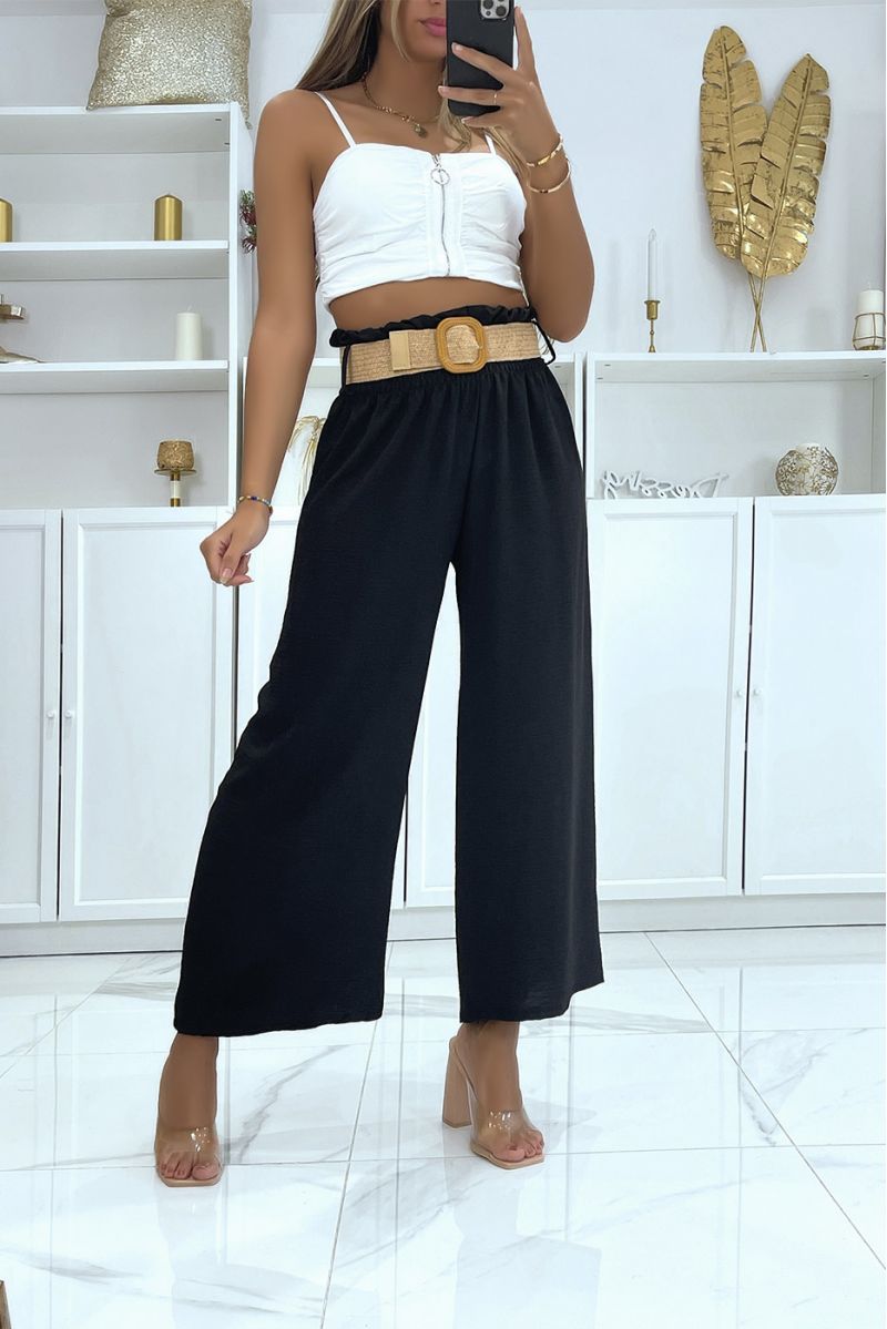 Black bell bottom pants with elastic waistband and pretty bohemian-style straw-effect belt - 1
