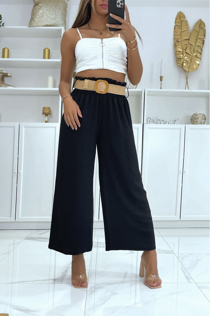 Black bell bottom pants with elastic waistband and pretty bohemian-style straw-effect belt - 2