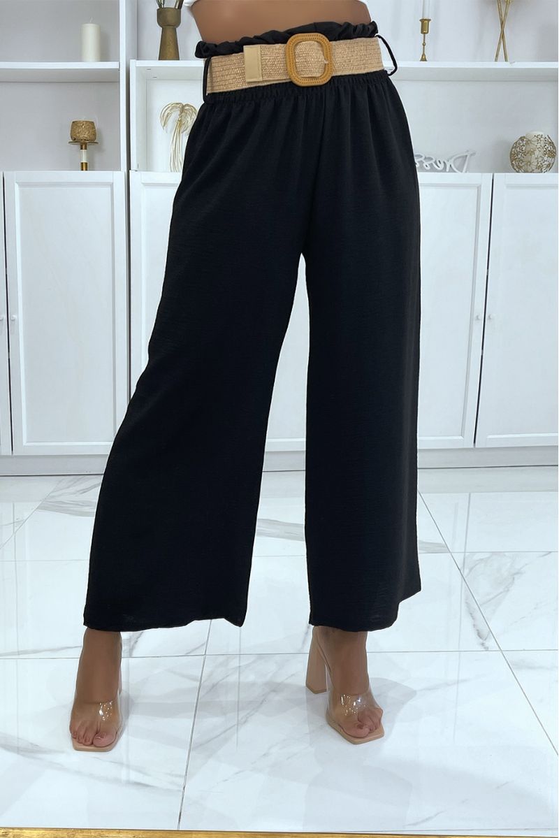 Black bell bottom pants with elastic waistband and pretty bohemian-style straw-effect belt - 3