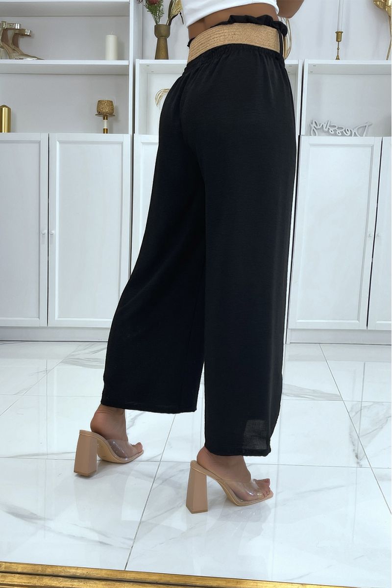 Black bell bottom pants with elastic waistband and pretty bohemian-style straw-effect belt - 4