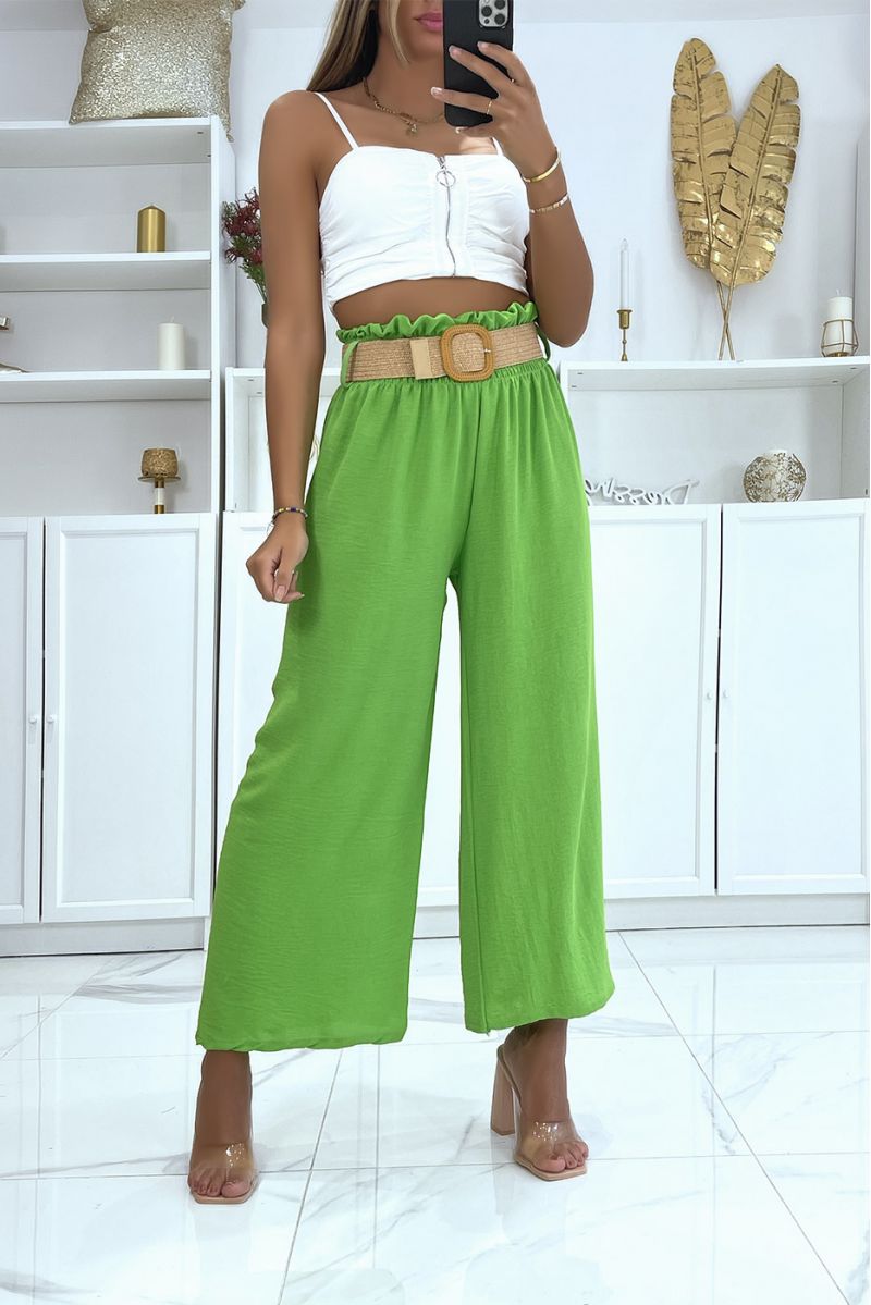 Fluorescent green pants elephant leg elastic at the waist with pretty bohemian style straw effect belt - 2