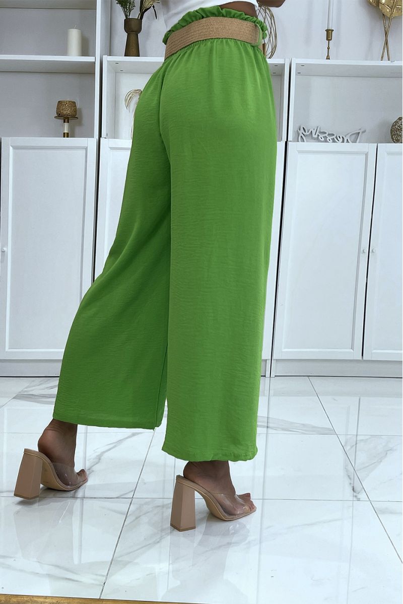 Pantalon vert fluo patte d'éléphant élastique à la taille avec jolie ceinture effet paille style bohème - 4