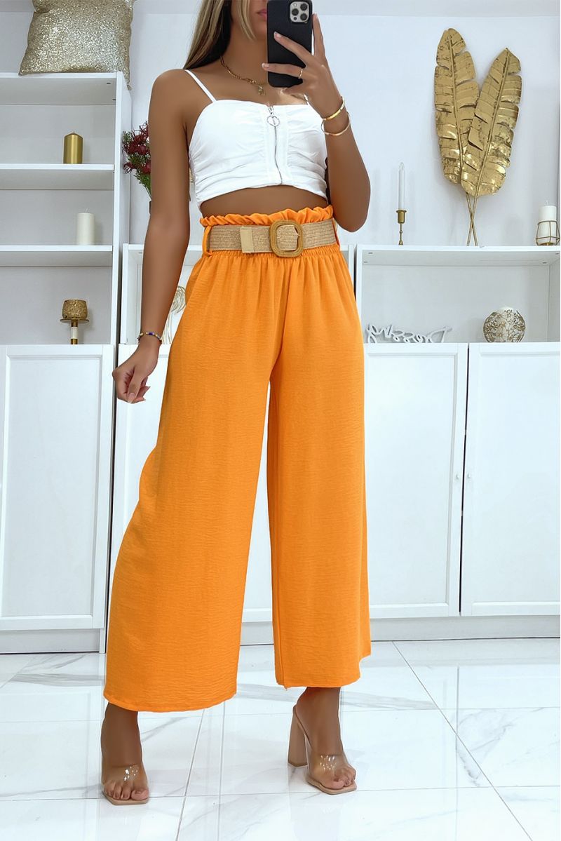Oranje broek wijde pijpen, elastische tailleband mooie riem in bohemienstijl met stroeffect
