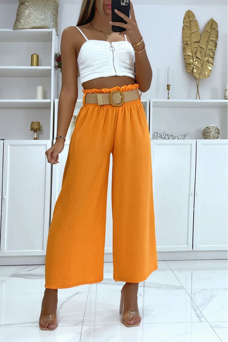 Oranje broek met wijde pijpen, elastische tailleband en mooie riem in bohemienstijl met stroeffect - 2