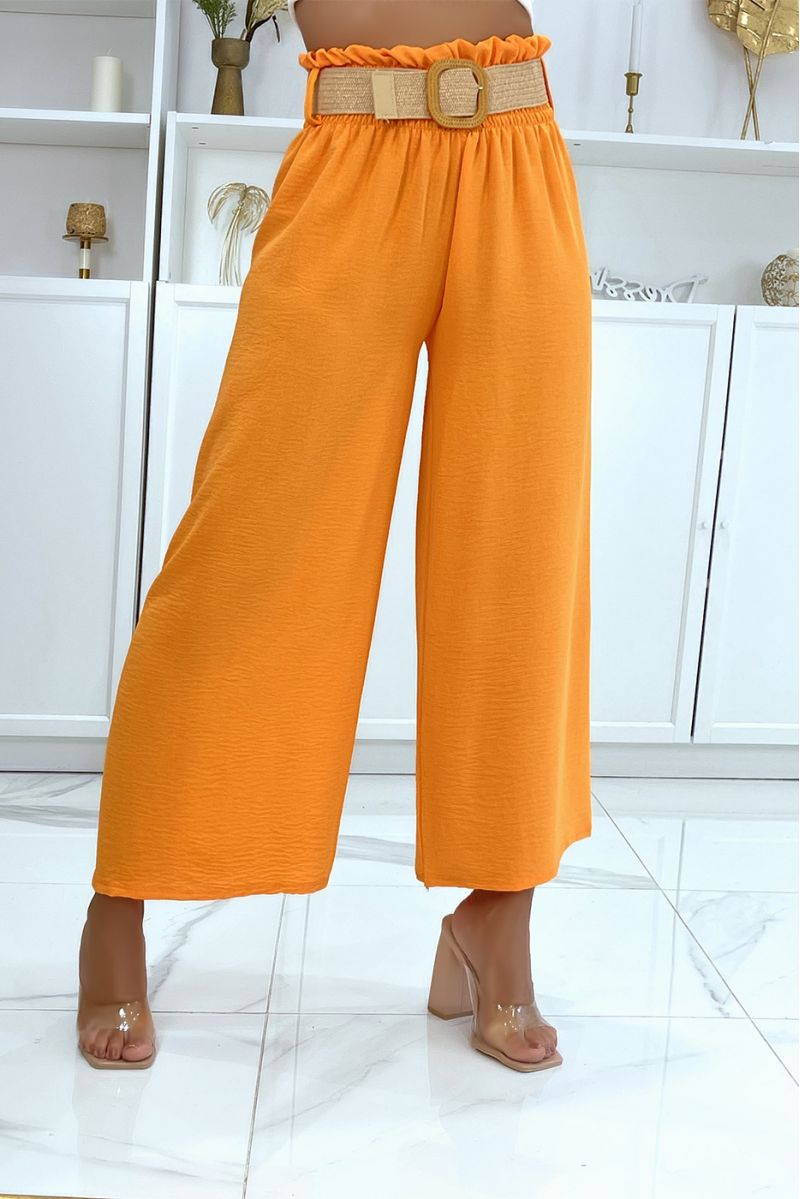 Oranje broek met wijde pijpen, elastische tailleband en mooie riem in bohemienstijl met stroeffect - 4