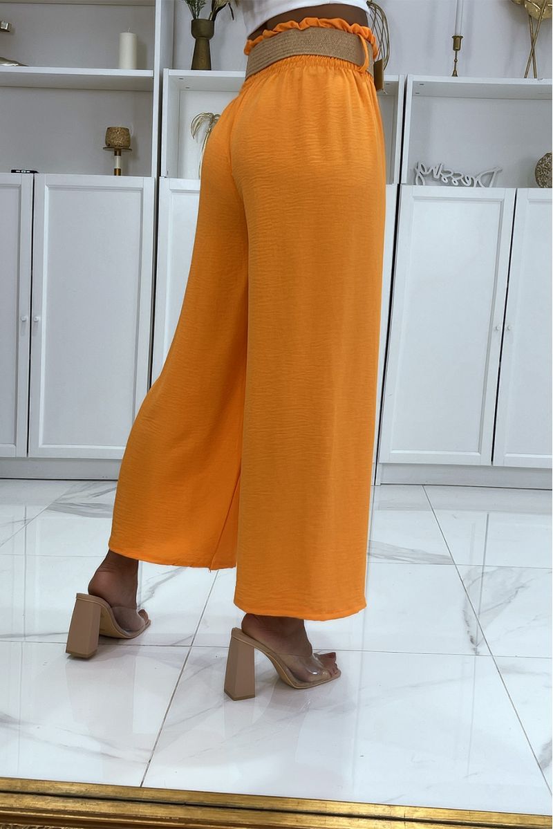 Oranje broek met wijde pijpen, elastische tailleband en mooie riem in bohemienstijl met stroeffect - 5