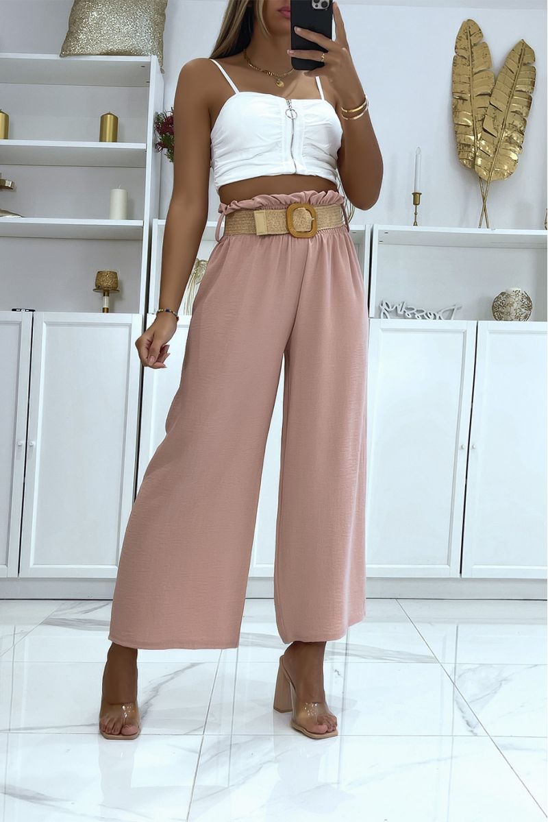 Pink bell bottom pants elastic at the waist with pretty bohemian-style straw-effect belt - 1