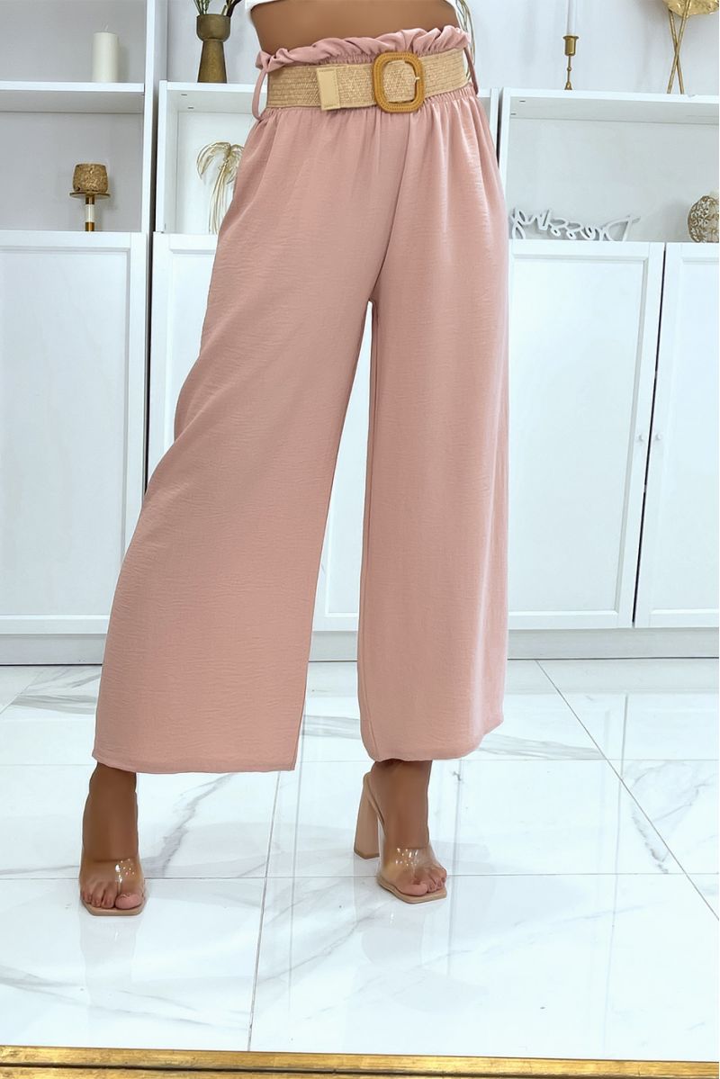 Roze broek met wijd uitlopende pijpen, elastisch in de taille met mooie riem in bohemienstijl met stroeffect - 3