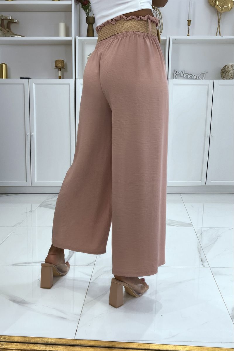Roze broek met wijd uitlopende pijpen, elastisch in de taille met mooie riem in bohemienstijl met stroeffect - 4