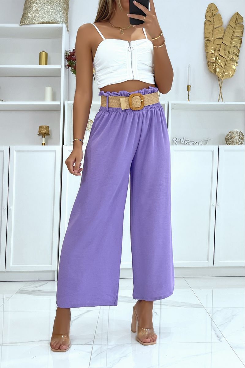 Lilac bell bottom pants elastic at the waist with pretty bohemian-style straw-effect belt - 1