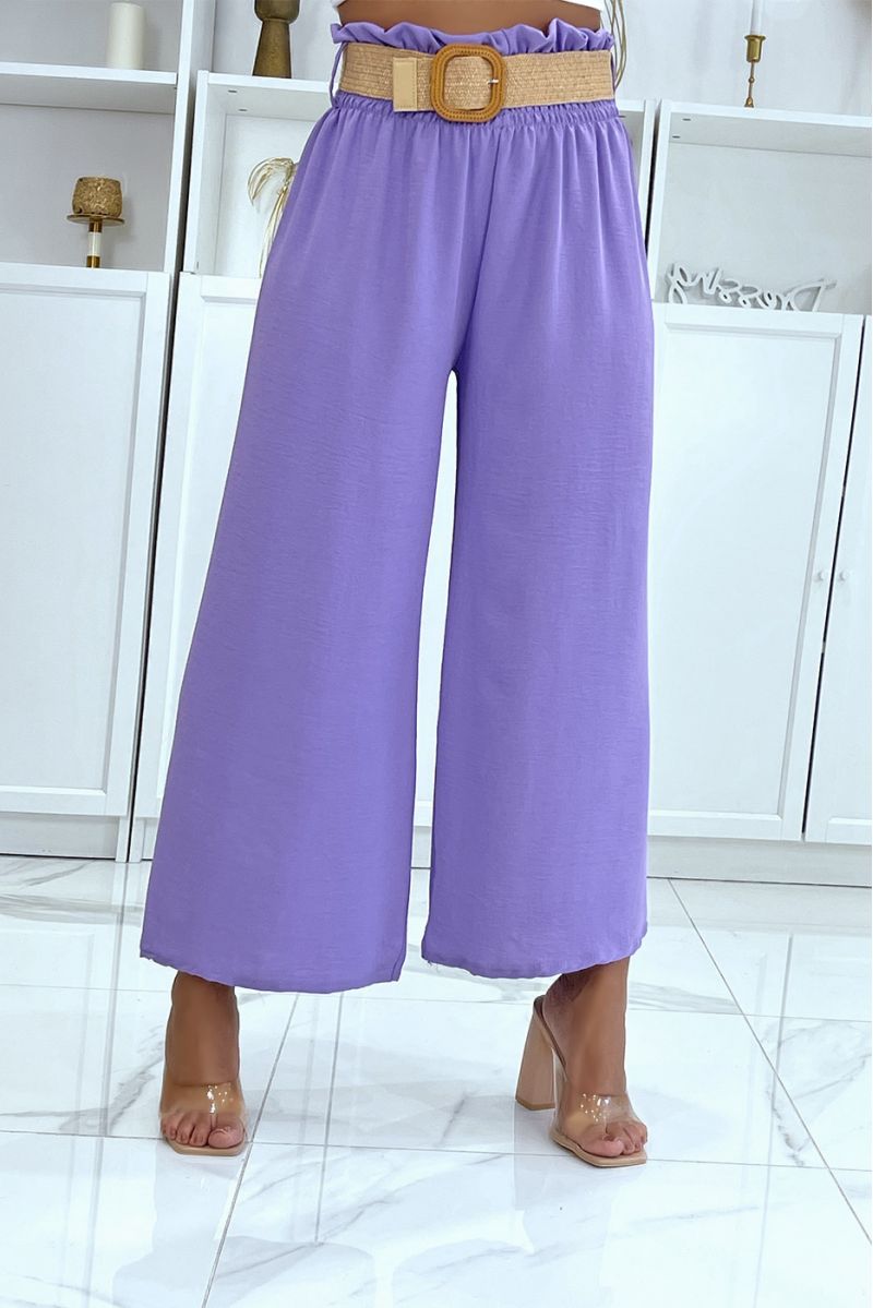 Lilac bell bottom pants elastic at the waist with pretty bohemian-style straw-effect belt - 2