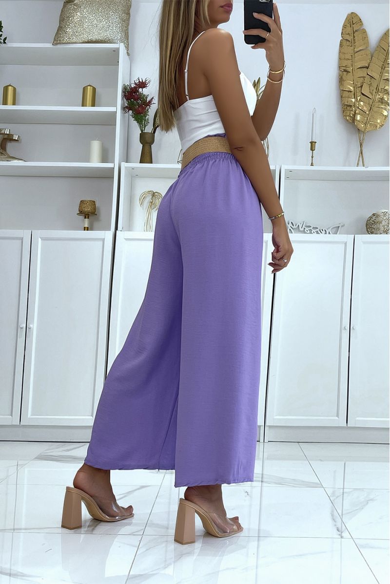 Lilac bell bottom pants elastic at the waist with pretty bohemian-style straw-effect belt - 4