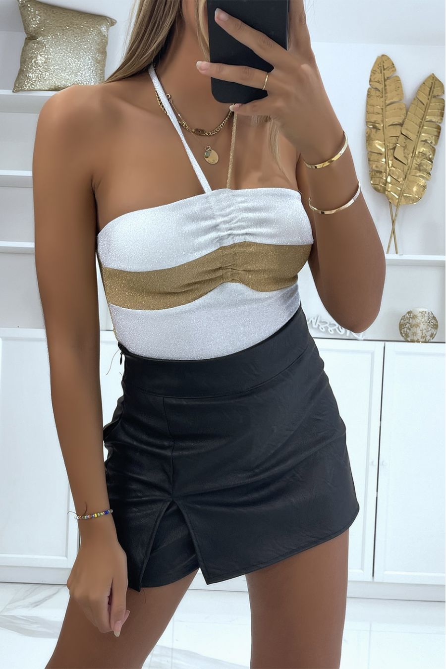 Silver sequined bodysuit with gold band and cross neck straps - 3