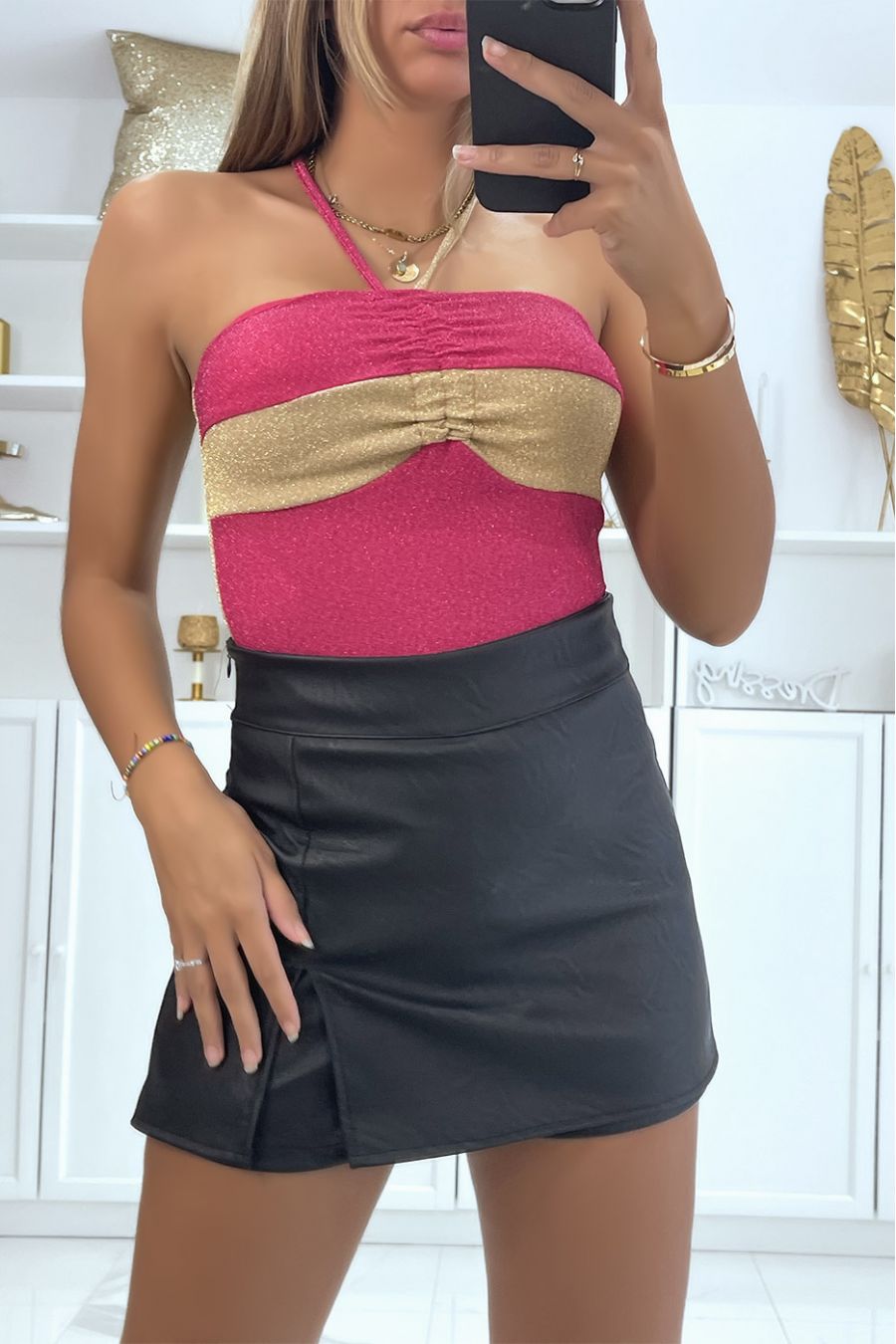 Fuchsia sequined bodysuit with gold band and crossed neck straps - 1