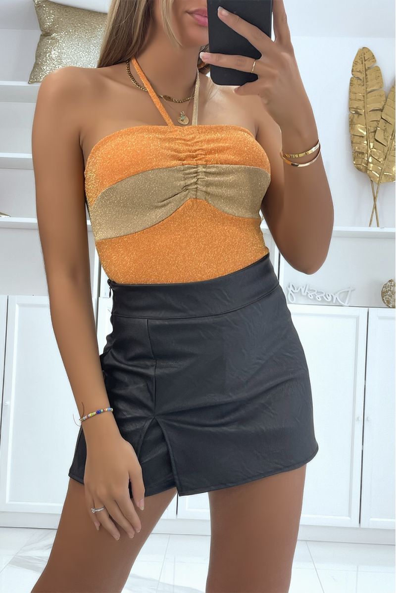 Orange sequined bodysuit with gold band and crossed straps at the neck - 1