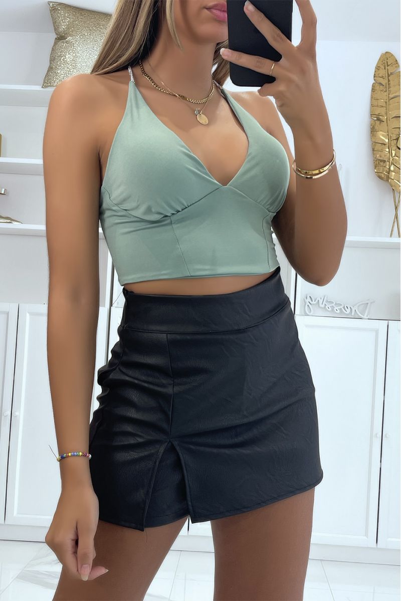 Water green crop top plunging V bralette and shiny silver straps - 1