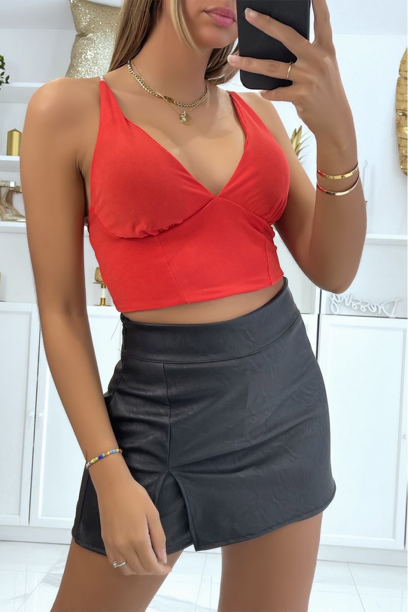 Red crop top with plunging V bra and shiny silver straps - 1