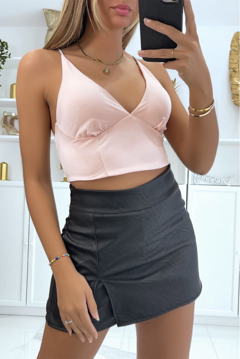 Pink crop top plunging V bralette and shiny silver straps - 1