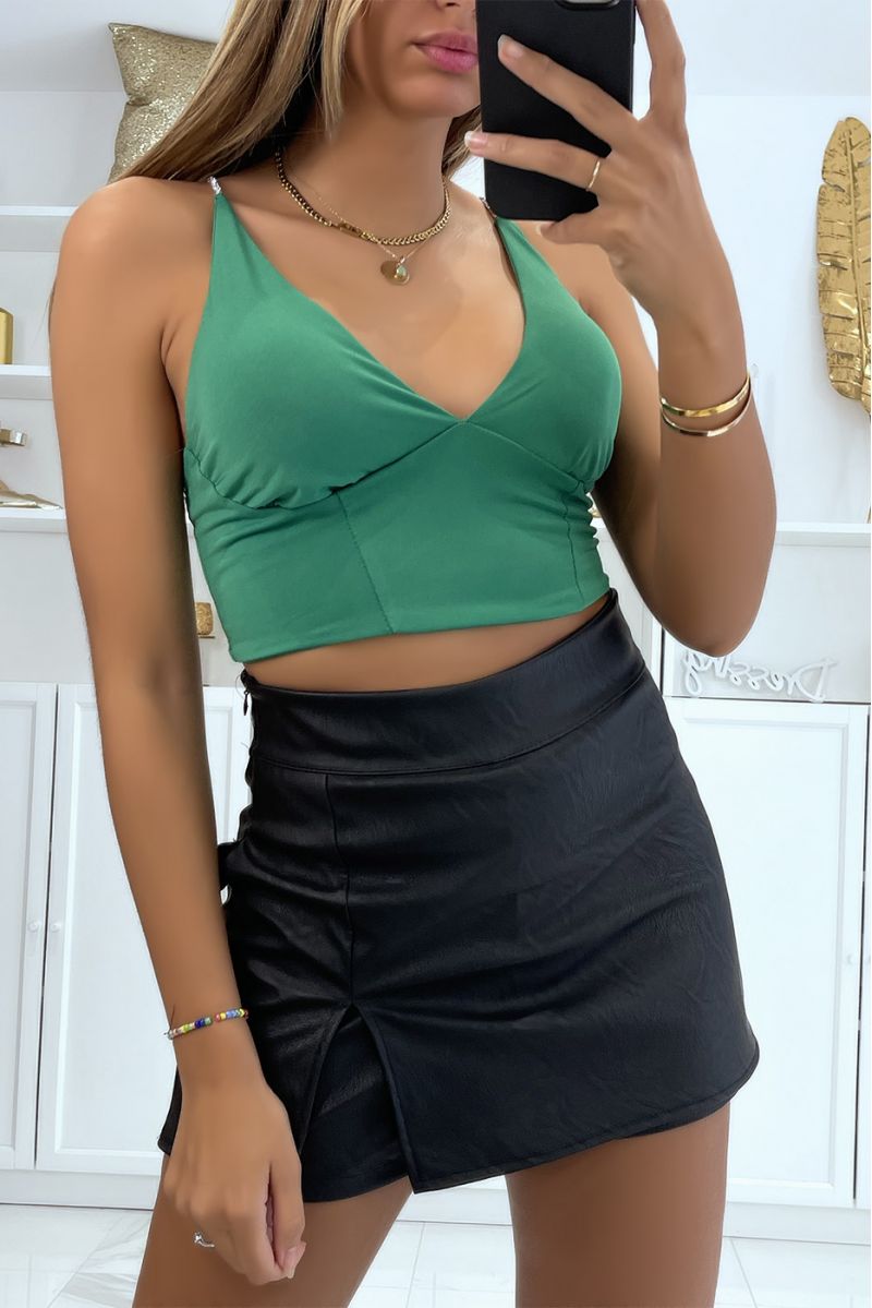 Green crop top with plunging V bra and shiny silver straps - 3
