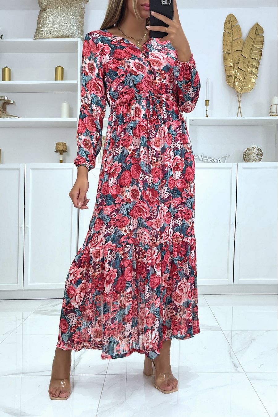 Long fuchsia pink floral dress V-neck fitted at the waist with pretty golden stripes - 1