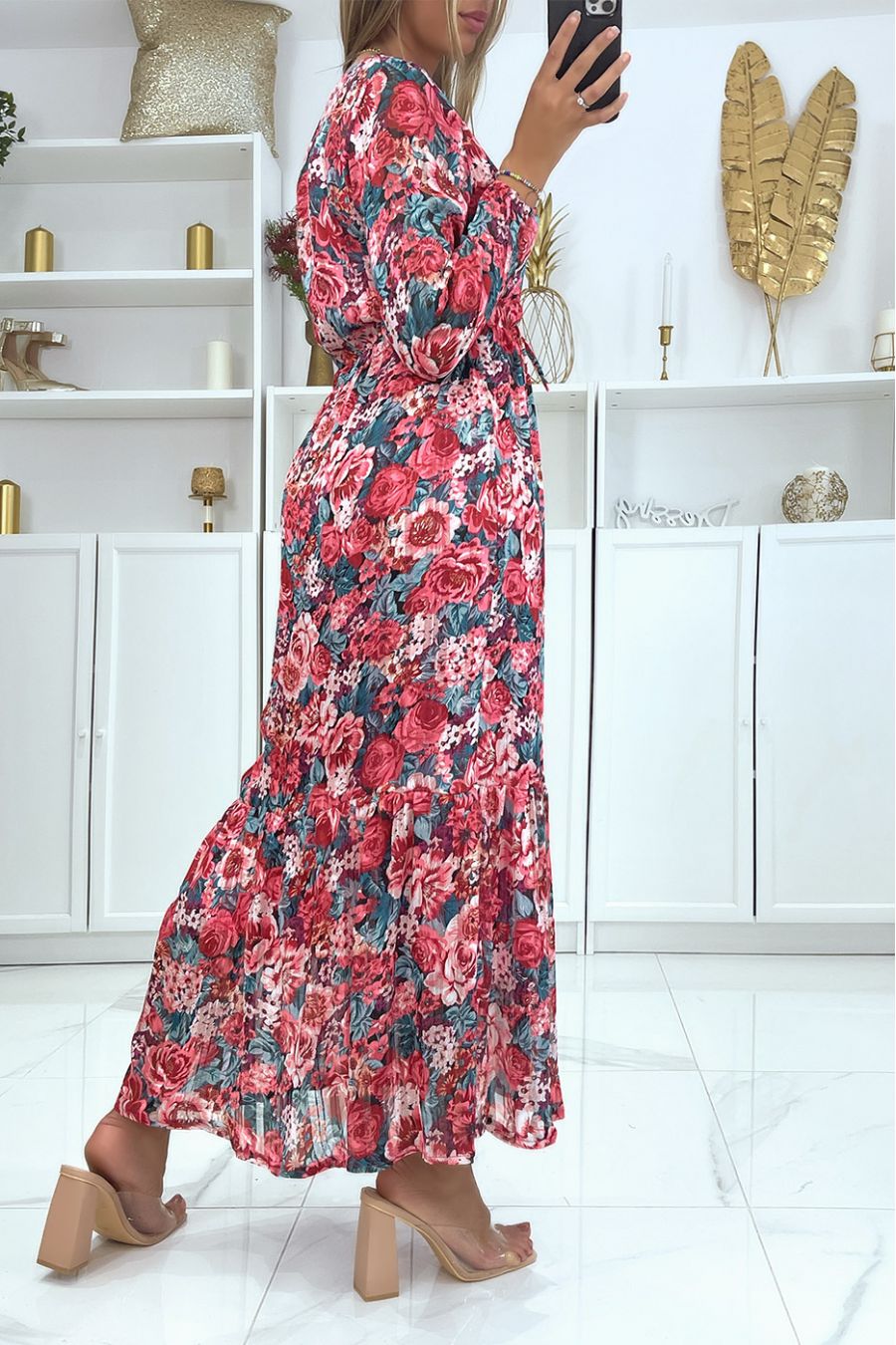 Long fuchsia pink floral dress V-neck fitted at the waist with pretty golden stripes - 4