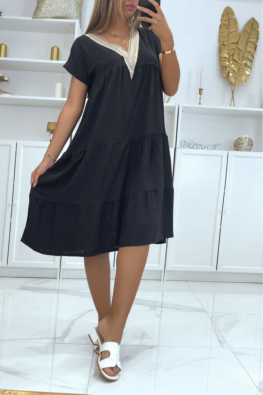 Black ruffled v-neck dress with pretty gold details at the collar - 3