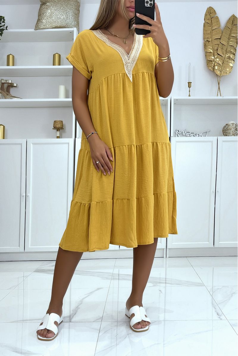 Mustard ruffled v-neck dress with pretty gold details at the collar - 1