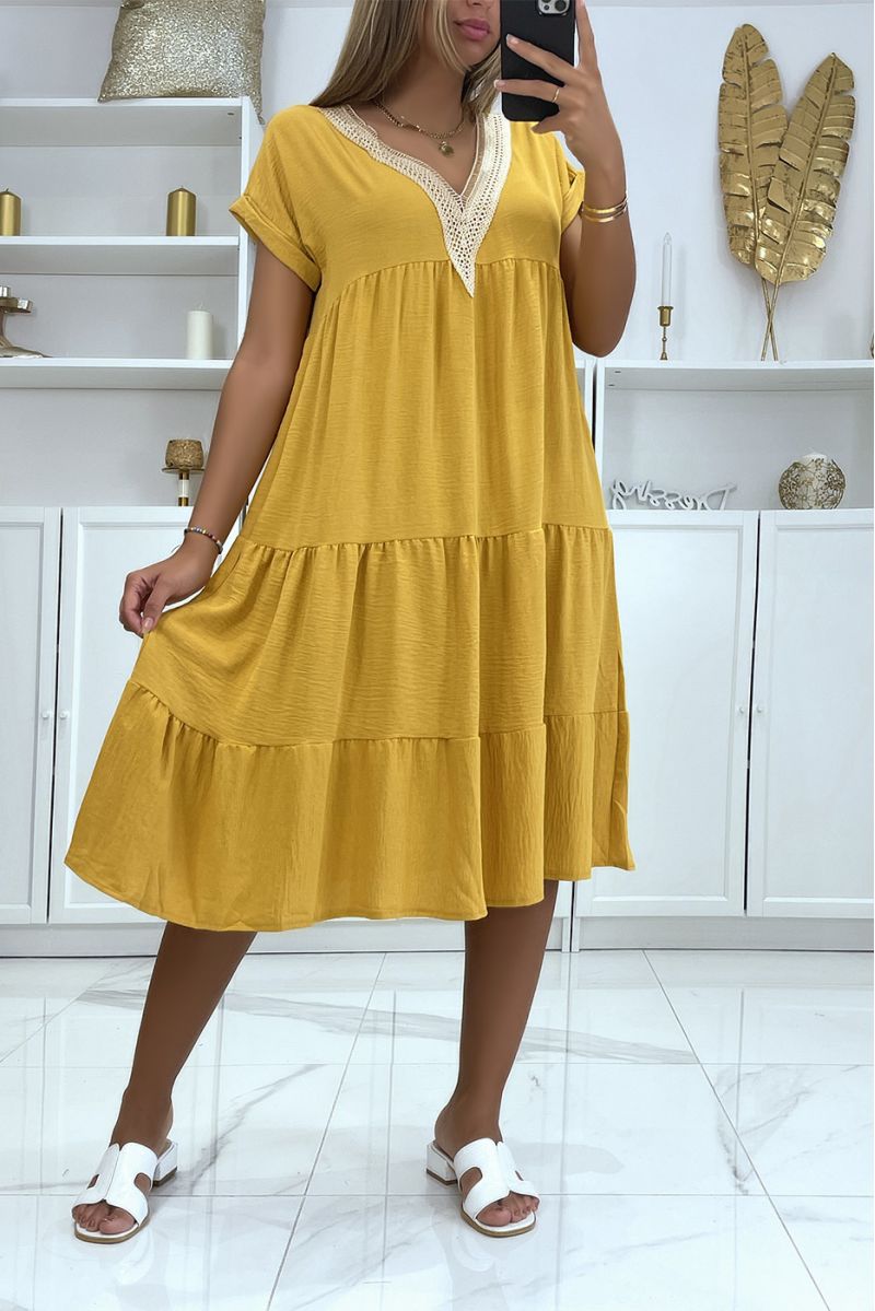 Mustard ruffled v-neck dress with pretty gold details at the collar - 2