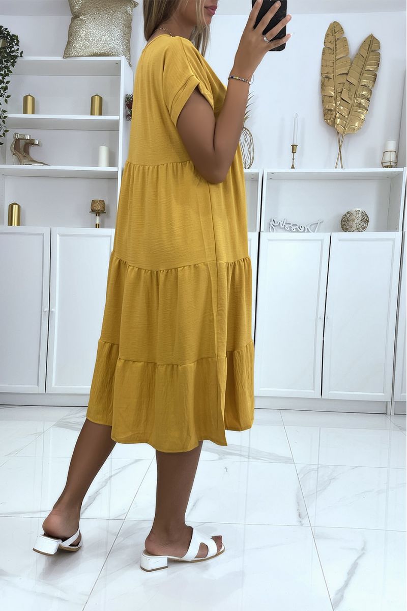 Mustard ruffled v-neck dress with pretty gold details at the collar - 3