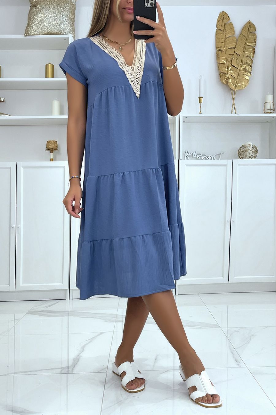 Blue ruffled v-neck dress with pretty gold details at the collar - 1