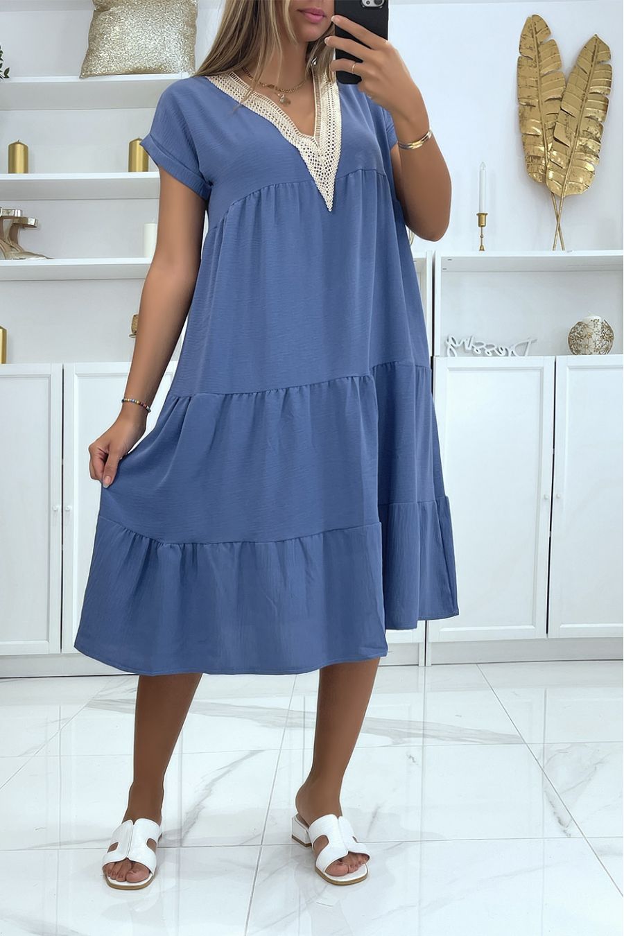 Blue ruffled v-neck dress with pretty gold details at the collar - 3