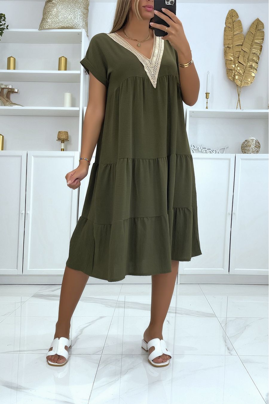 Green v-neck ruffled dress with pretty gold details at the collar - 1