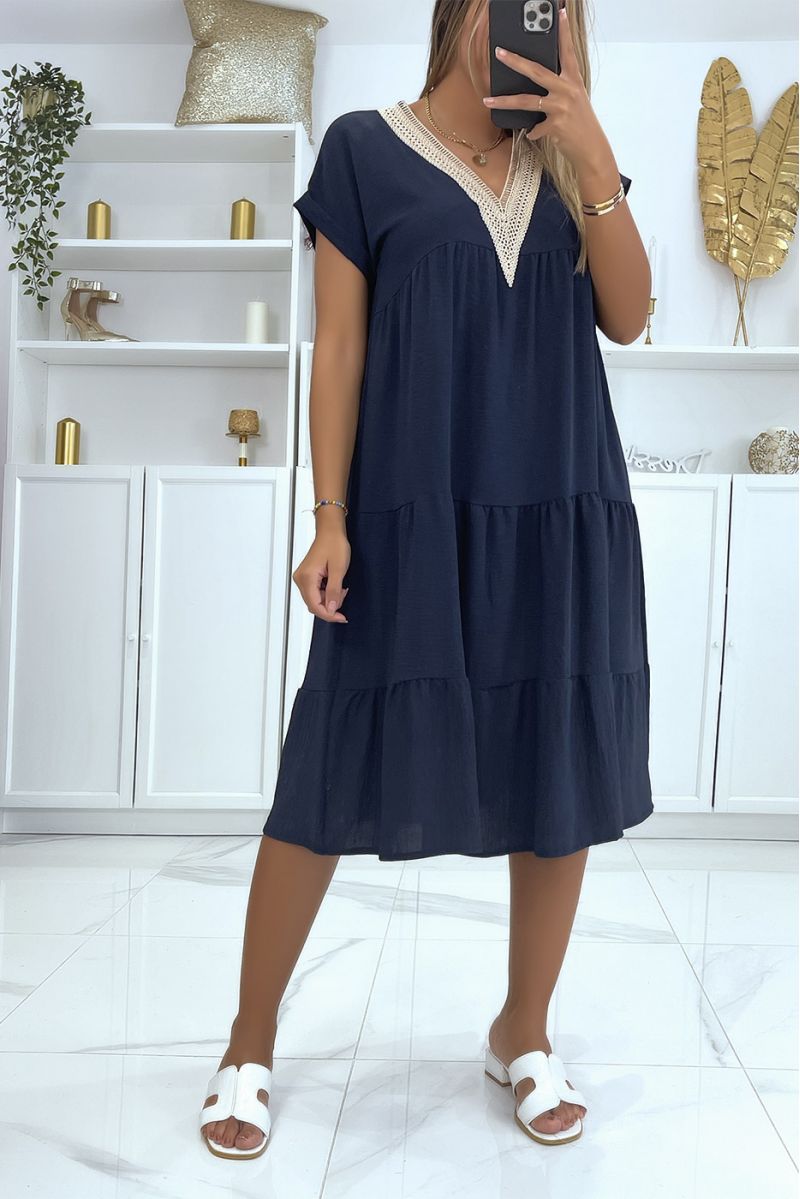 Navy v-neck ruffled dress with pretty gold details at the collar - 2