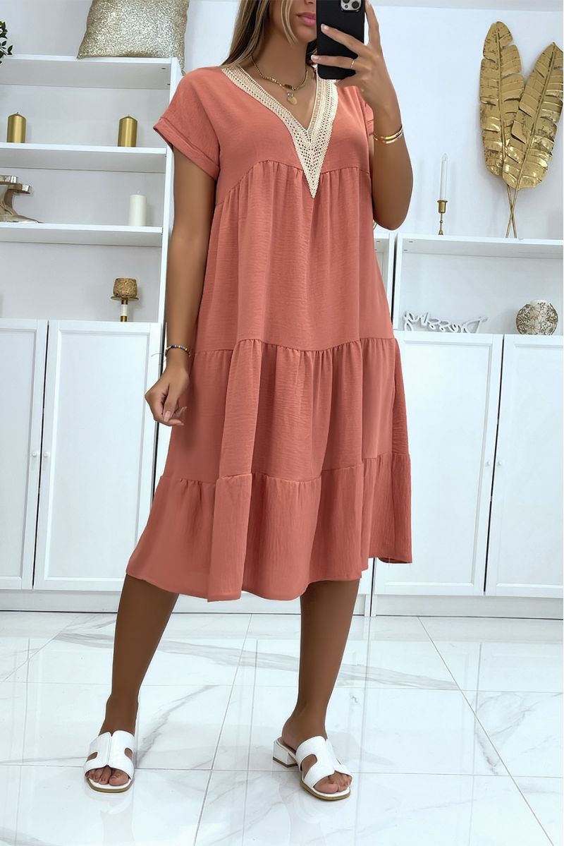 Dark pink v-neck ruffled dress with pretty gold details at the collar - 1