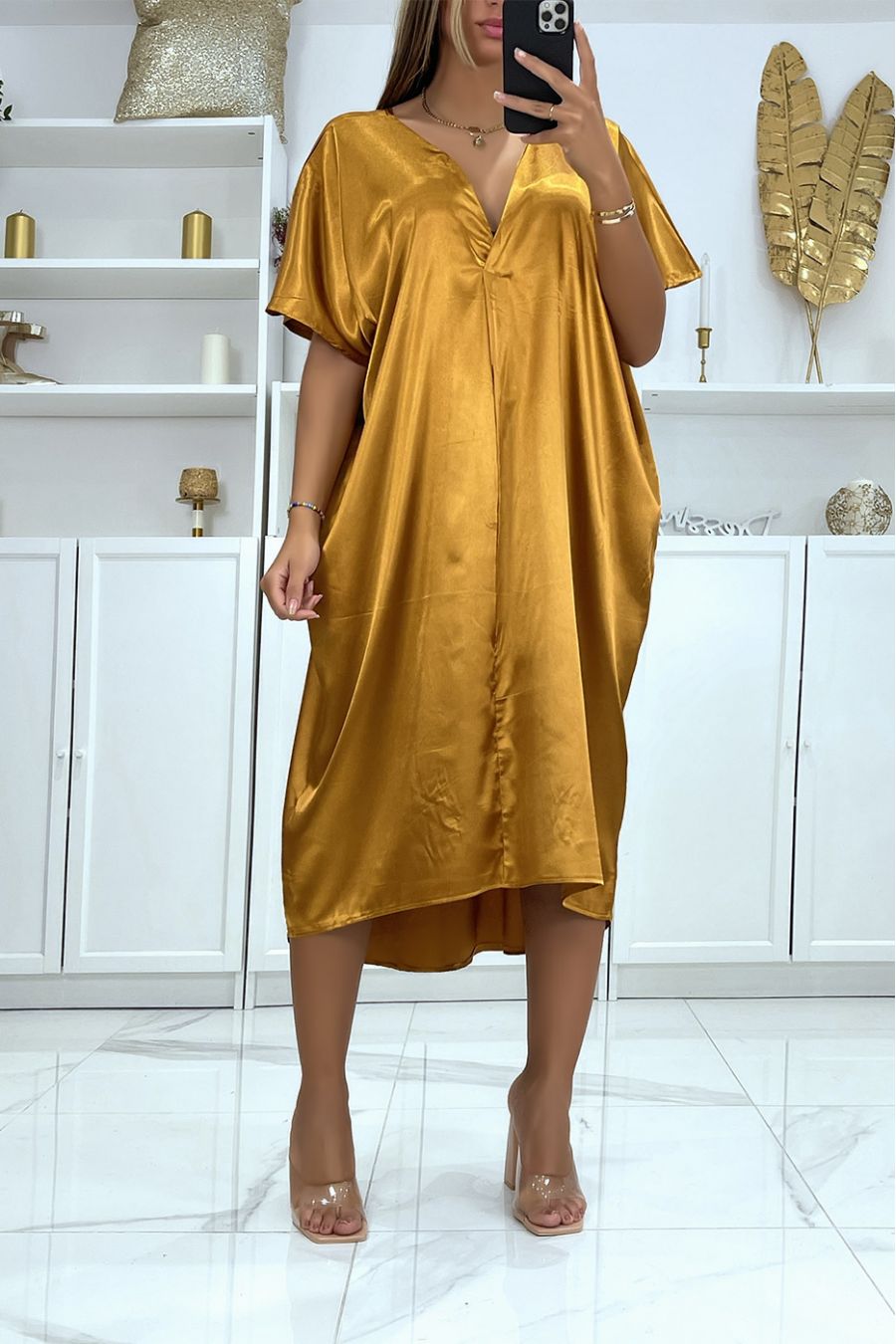 Mid-length loose bronze satin V-neck dress - 1