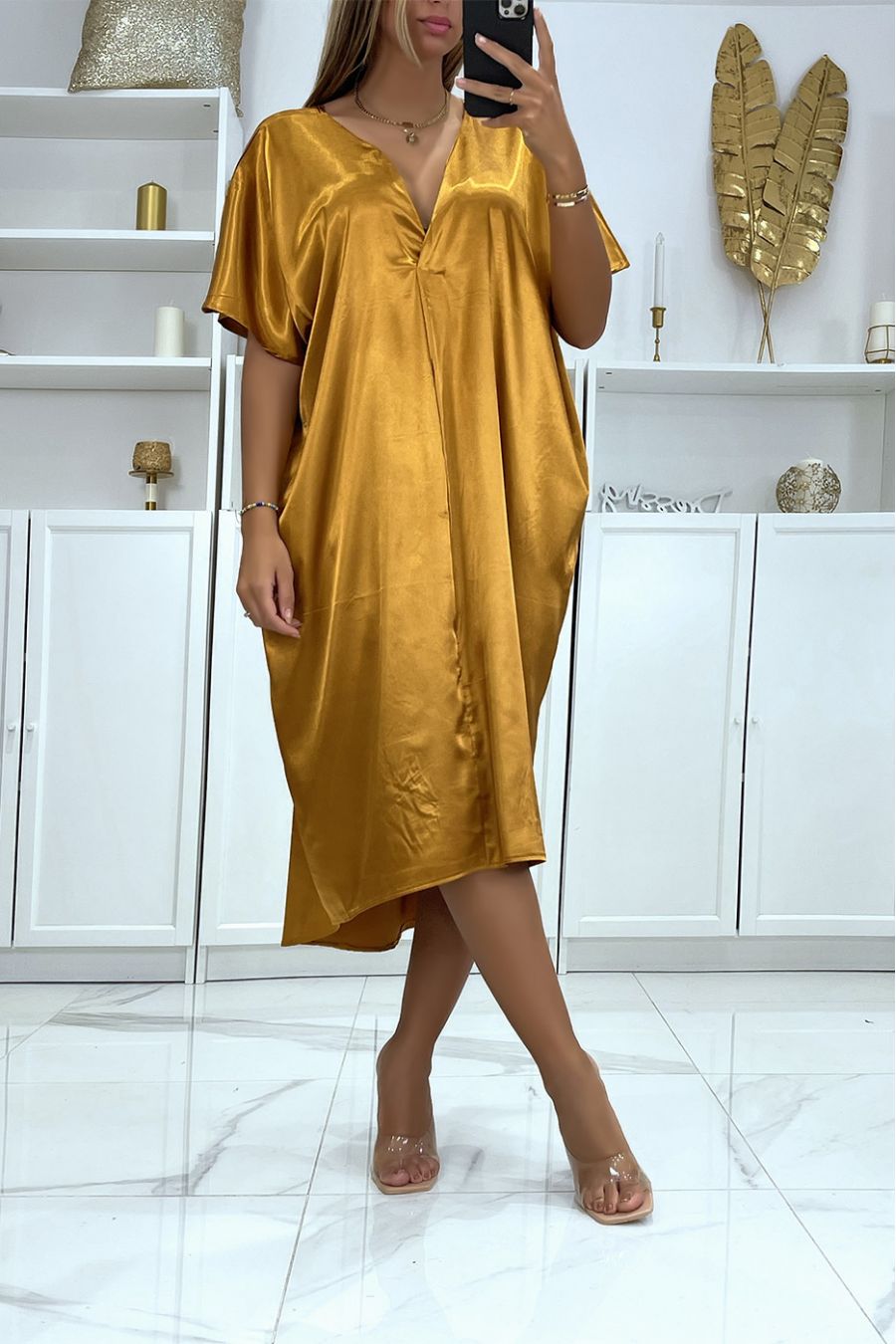 Mid length loose bronze satin V neck dress