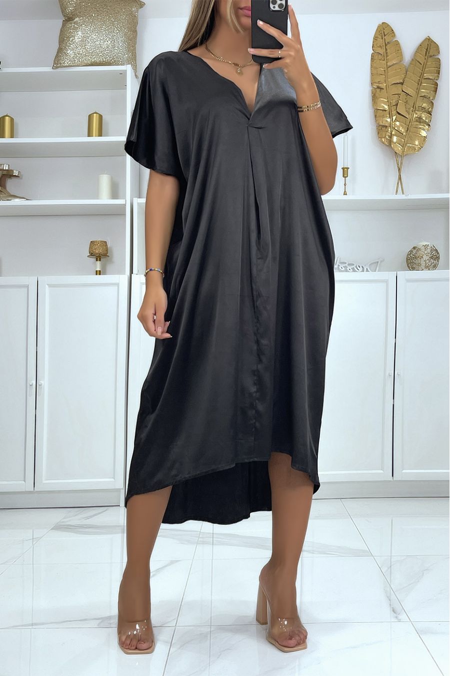 Loose black satiny V-neck midi dress - 1