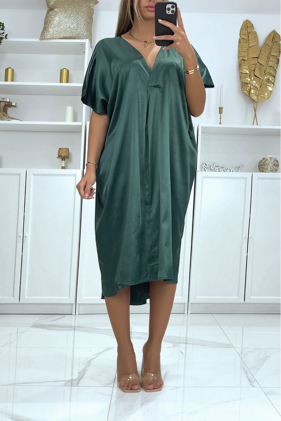 Mid-length fir green loose satin V-neck dress - 1