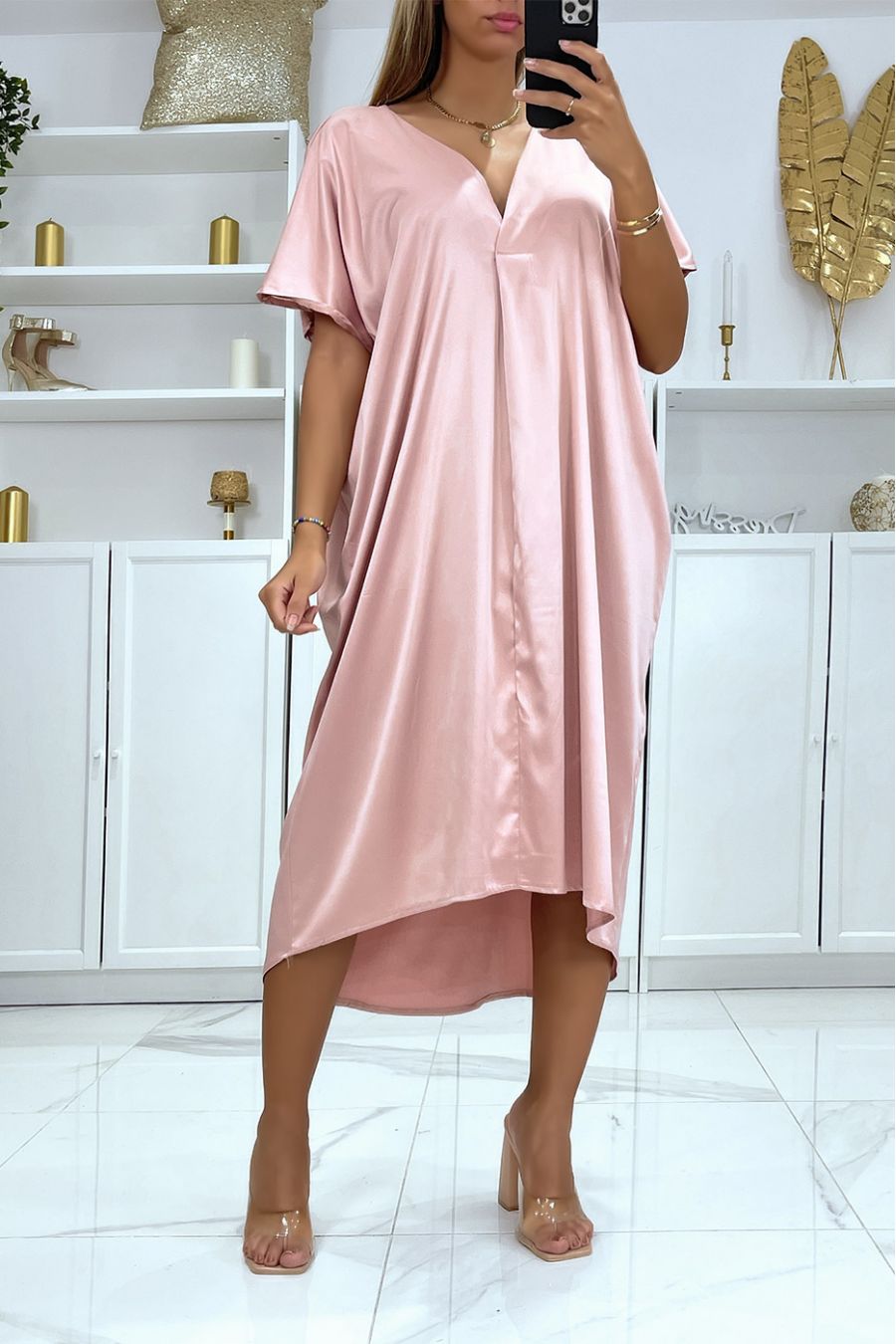 Loose pink satin V-neck midi dress - 1