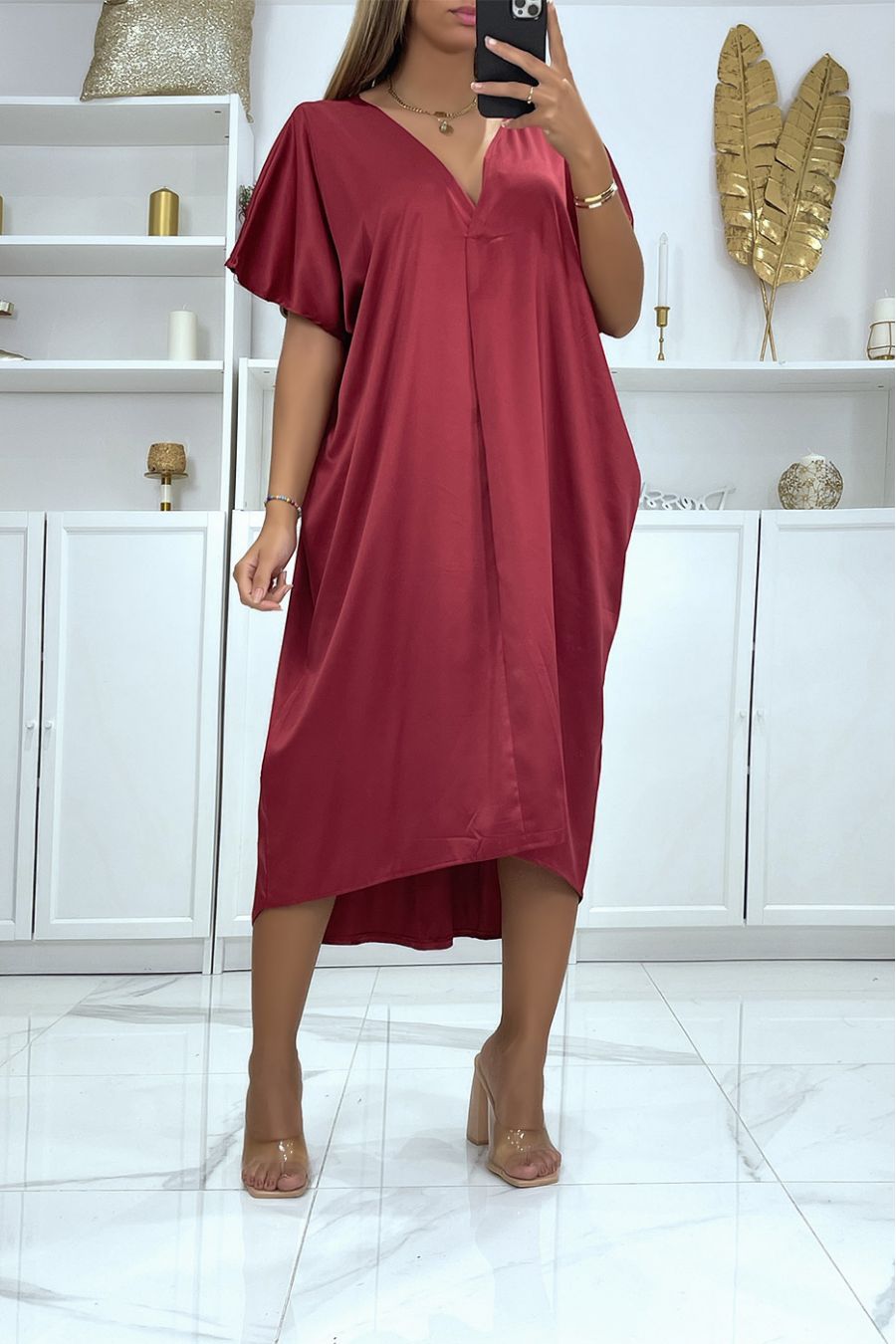 Mid-length burgundy loose satin V-neck dress - 1
