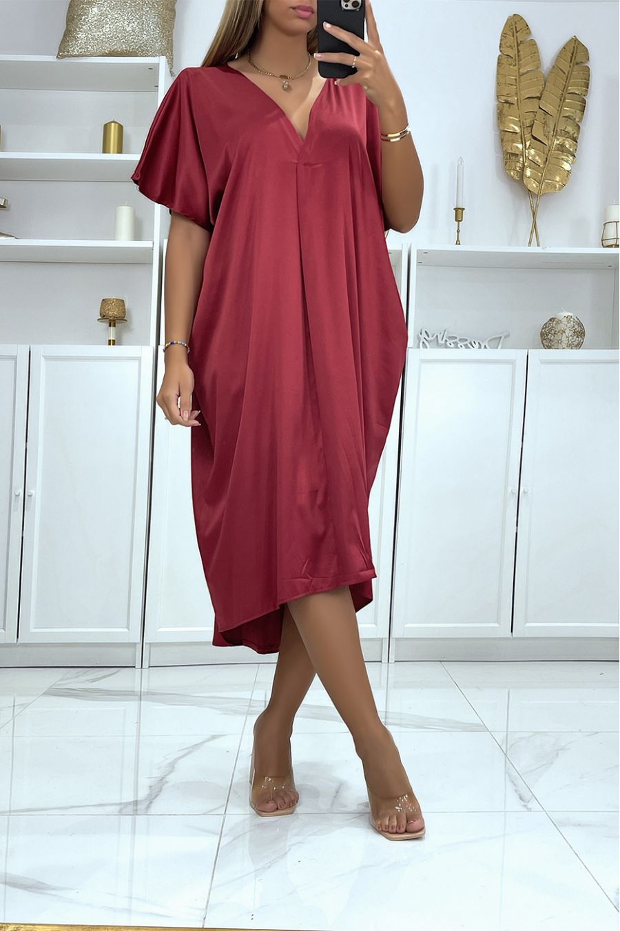 Mid-length burgundy loose satin V-neck dress - 2