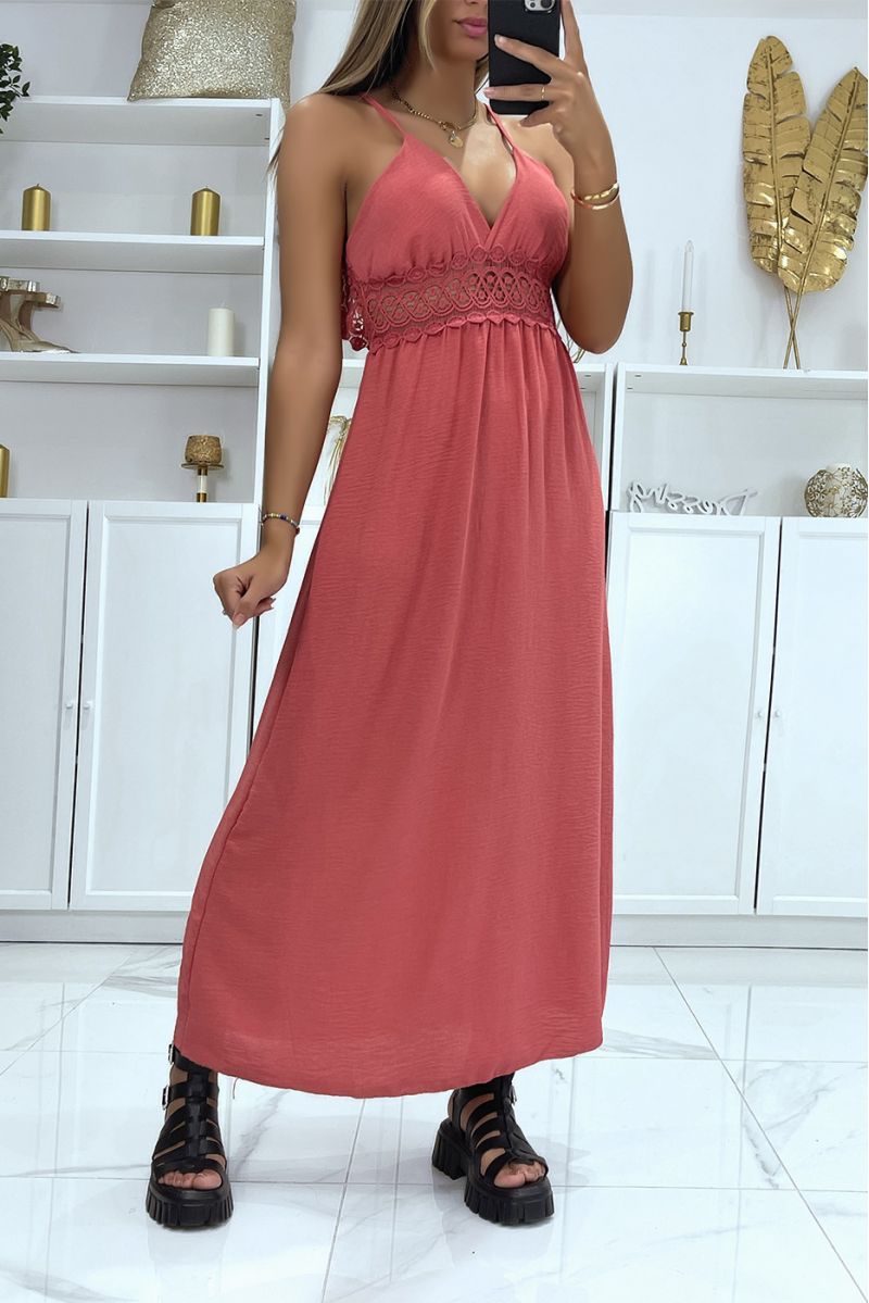 Long dark pink V-neck dress with straps and pretty lace under the bust - 1