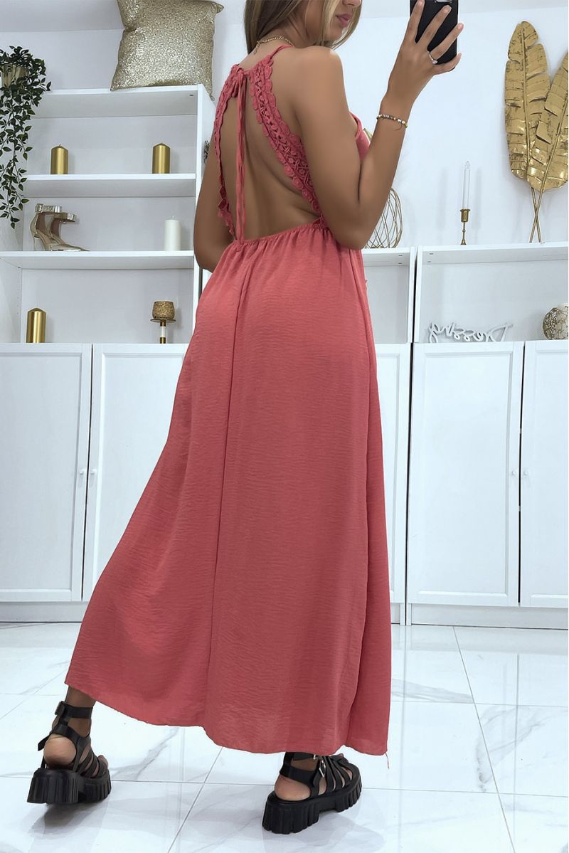 Long dark pink V-neck dress with straps and pretty lace under the bust - 3