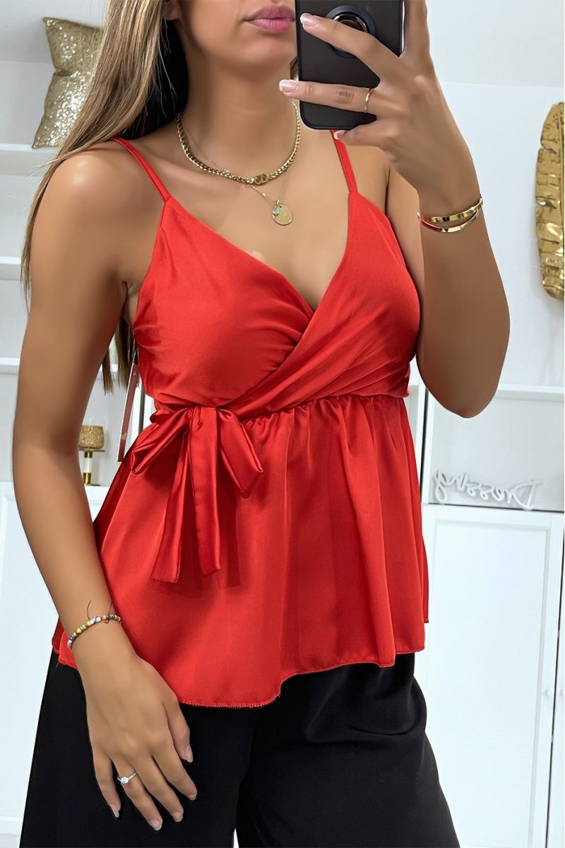 Red satin wrap top with bow - 2