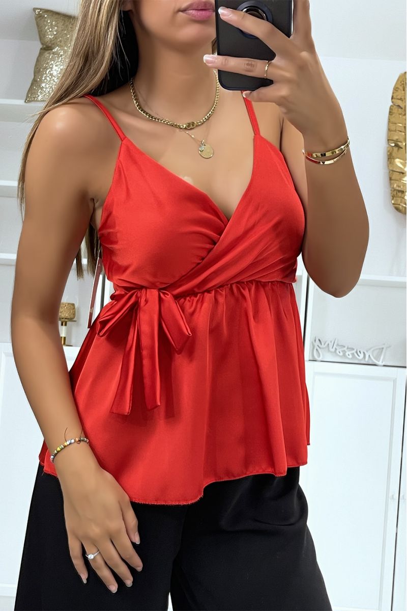 Red satin wrap top with bow - 3