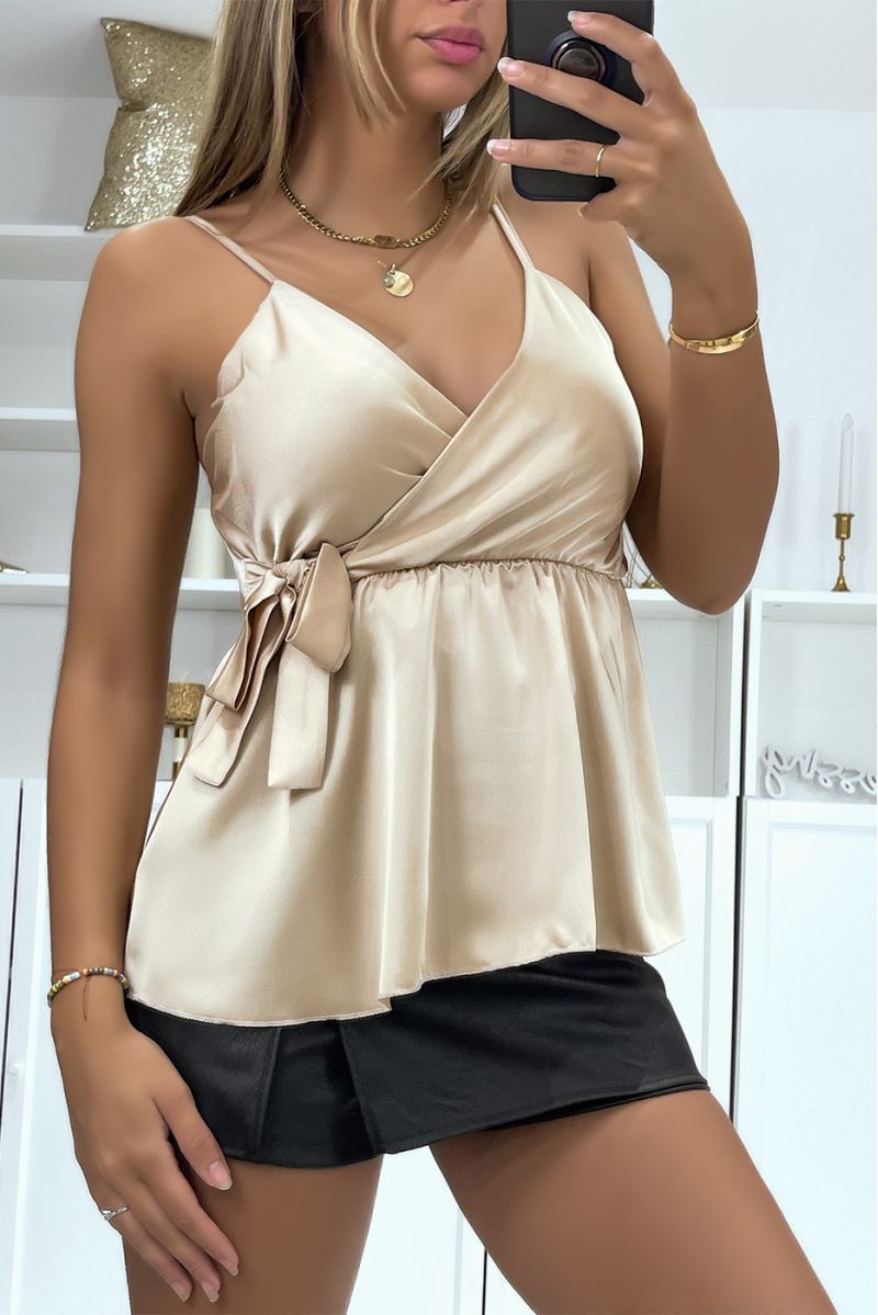 Beige satin wrap top with bow - 2