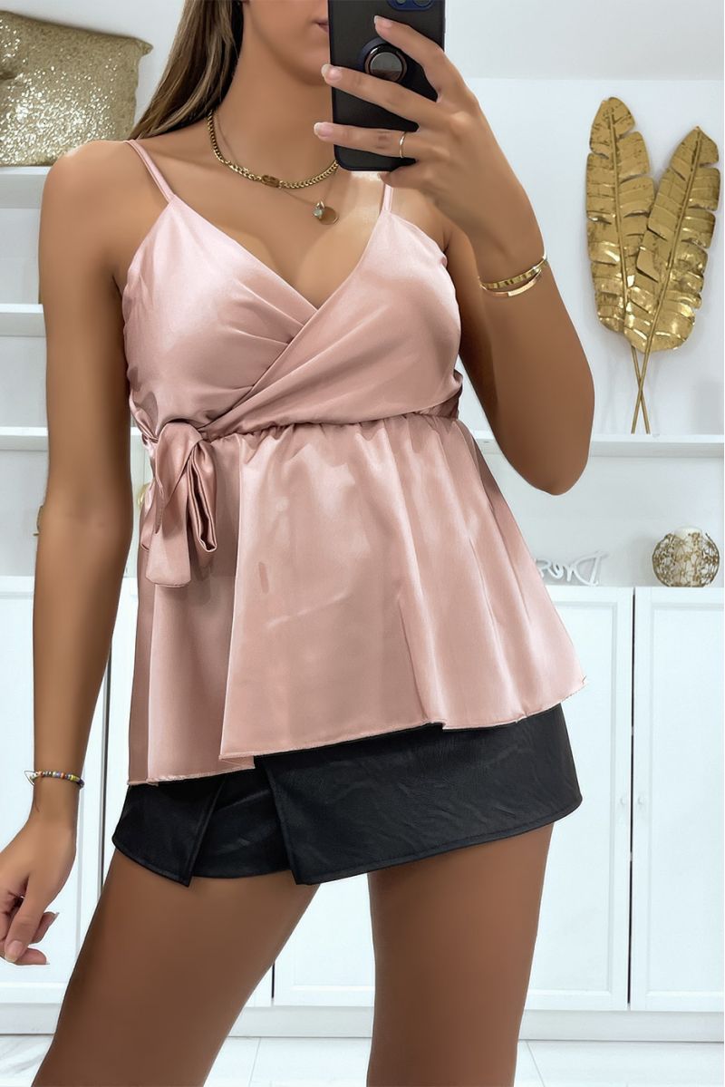 Pink satin wrap top with bow - 2