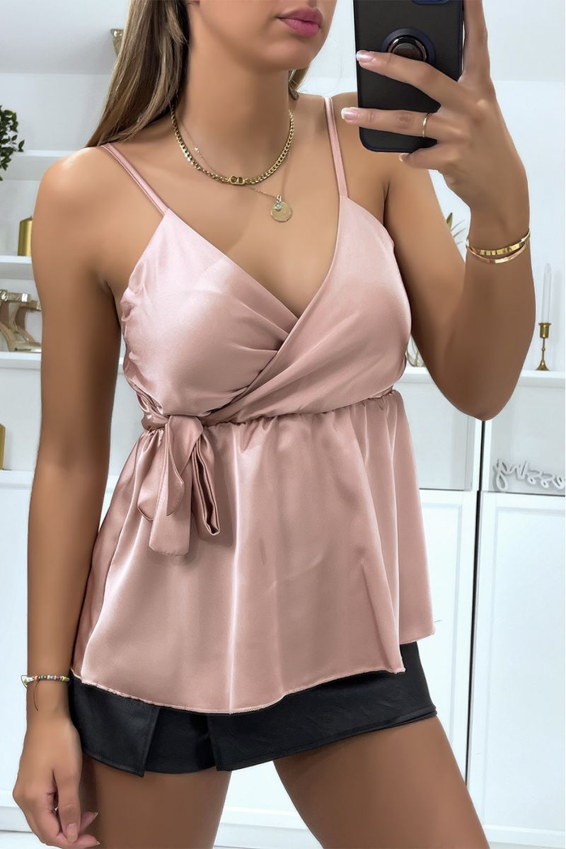Pink satin wrap top with bow - 3